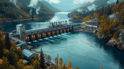 an aerial view of a dam on a river surrounded by mountains - obrazy, fototapety, plakaty