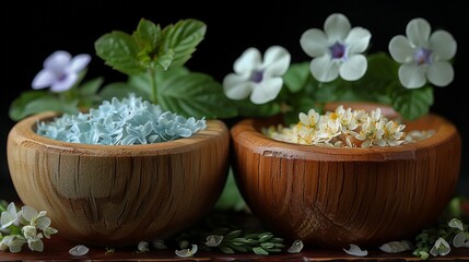 Two wooden bowls filled with various salts and flowers
