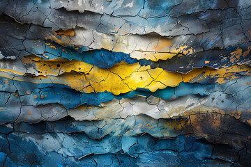 Flag and symbols of Ukraine background cracked and rusty. Illustration of unbreakable Ukraine