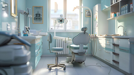 Dental office with chair and window fixture in building offers gas service - Powered by Adobe