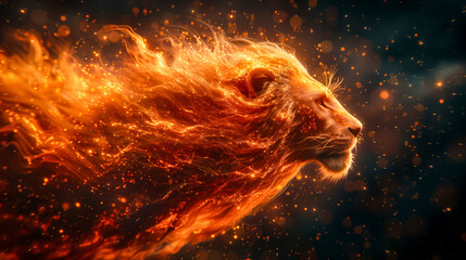 Lion's Head Sculpted In Flames, Mane Flowing Like Lava, With Sparks Emanating From Its Fiery Essence