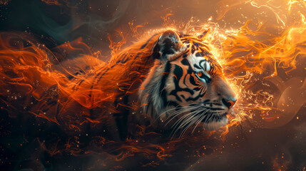 Intense Tiger Gaze Amidst A Flowing Inferno, Its Striking Features Accentuated By The Dance