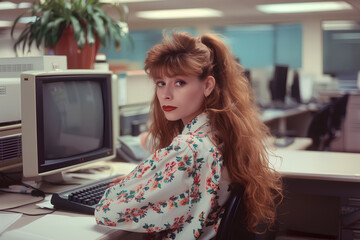 American beautiful woman dressed in business clothes of the 90s, an office worker in the 90s. Nostalgia for 90s California. Office style of the 90s. The photo evokes nostalgia and warm memories. photo