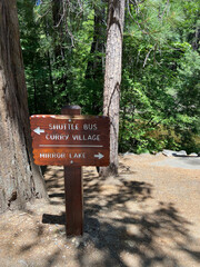 Wooden sign with arrow directions to the Mirror Lake and Shuttle Bus Curry Village, Yosemite National Park, California, USA.