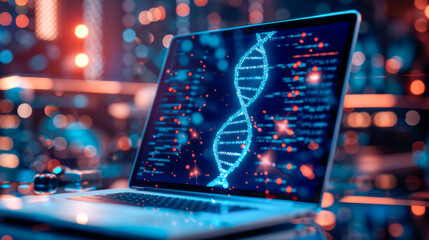 Exploring Genetics: A laptop screen illuminates with a captivating scientific animation showcasing the dance of DNA chains - obrazy, fototapety, plakaty