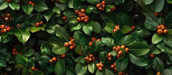A bush with vibrant orange berries and lush green leaves grows abundantly. The bush is likely a Buxus Sempervirens, known for its bountiful fruit production. The orange berries contrast beautifully