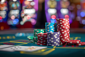 Fototapeta premium Casino roulette table with chips and cards shallow depth of field 