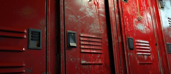 A row of identical red lockers lined up against a wall, each with a small combination lock. The lockers appear well-maintained and in a school setting.