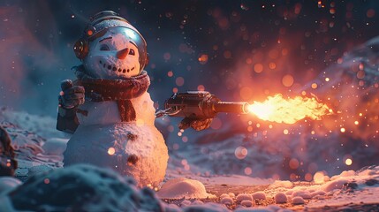 A whimsical snowman dressed as an astronaut is playfully wielding a flamethrower, amidst a snowy landscape under a twilight sky.