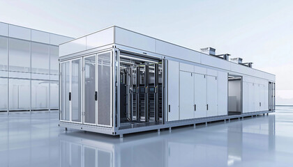 Modular Data Center Design, modular data center design with an image displaying prefabricated modular units, containerized data centers, AI
