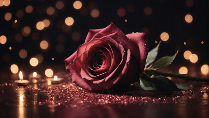Immerse yourself in a dark rose background enhanced by an asymmetrical burst of rose and blush lights, resulting in a sparkling backdrop with room for text. - obrazy, fototapety, plakaty