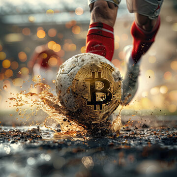 Piernas jugador de f&uacute;tbol, con bal&oacute;n s&iacute;mbolo de Bitcoin, rebotando en charco, fondo estadio, patrocinio, inversi&oacute;n, tendencia, juego equipo, velocidad, real virtual, deporte millonario