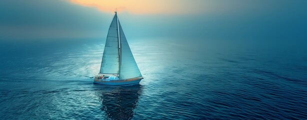 A sailboat glides on the fluid surface of the vast ocean beneath the open sky