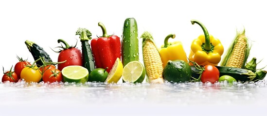 collection of various kinds of fresh fruits and vegetables containing many vitamins and minerals in a splash of clear water on a white background.