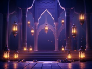 Fototapeta premium Illuminated Stage With Lanterns for Ramadan Event