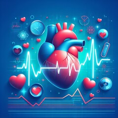 ilustra&ccedil;&atilde;o de um cora&ccedil;&atilde;o em fundo de azul brilhante. Doen&ccedil;a card&iacute;aca, infarto do mioc&aacute;rdio, banner de servi&ccedil;o de cardiologia. Tecnologia do conceito futuro