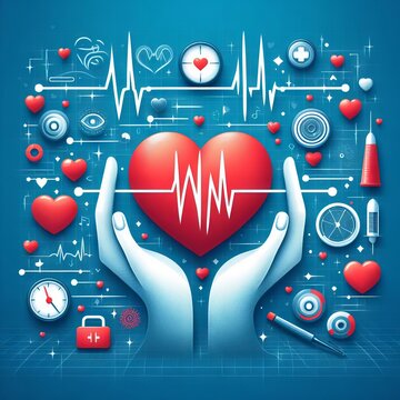 ilustração de um coração em fundo de azul brilhante. Doença cardíaca, infarto do miocárdio, banner de serviço de cardiologia. Tecnologia do conceito futuro