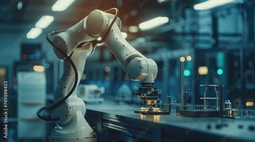 Poster a robotic arm busy at work on a table in a factory setting, precision handling components for assemb