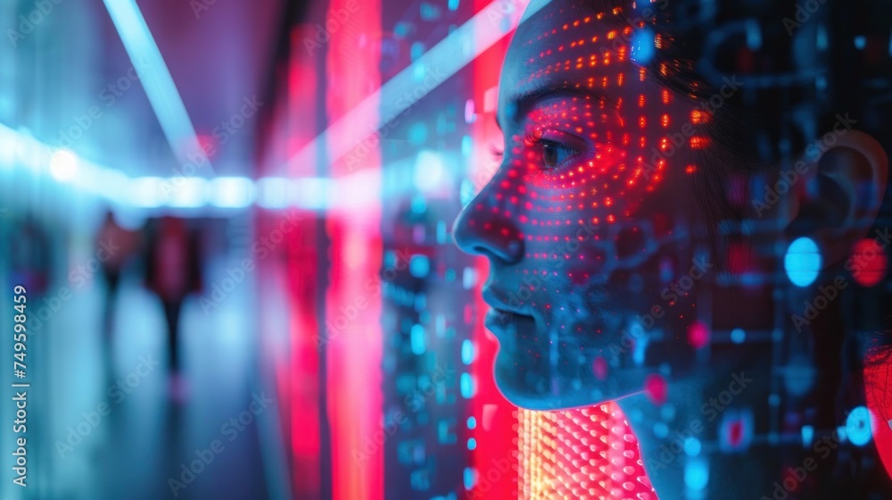 Poster a womans face is illuminated by a futuristic glow, set against a high-tech background with digital e