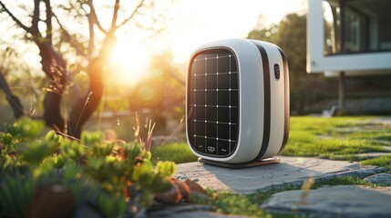 A solar-powered device is seen resting on top of a stone walkway, harnessing energy from the sun to function efficiently. - obrazy, fototapety, plakaty