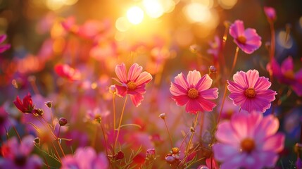 A field of delicate and vibrant pink flowers blooming under the bright sun in the background.