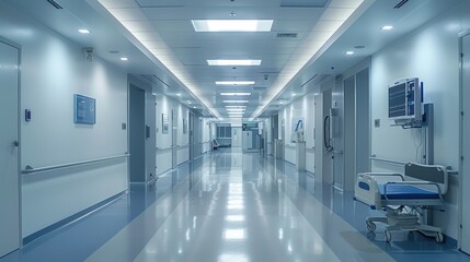 Fototapeta premium A view of a hospital hallway featuring a chair under bright lights, showcasing the modern and functional design of the healthcare facility.