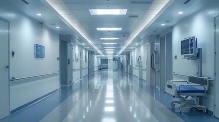 A view of a hospital hallway featuring a chair under bright lights, showcasing the modern and functional design of the healthcare facility.