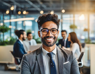 Male tech expert engrossed in a bustling workplace. Colleagues are collaborating in the background. Natural lighting and modern office decor.