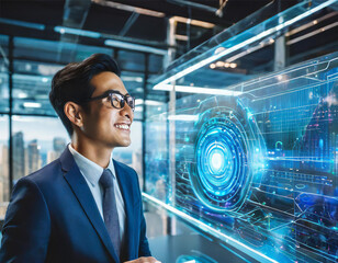 Male tech expert engrossed in a bustling workplace. Colleagues are collaborating in the background. Natural lighting and modern office decor.