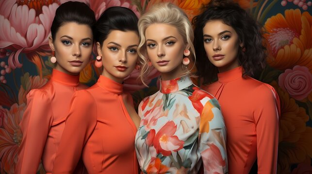 Against a solid coral orange backdrop, a group of gorgeous models exudes charm and sophistication, their ethereal beauty and impeccable styling accentuated by the vibrant color