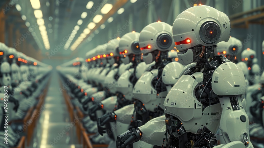 Poster a group of futuristic industrial robots are lined up in a factory, ready to perform automated tasks 