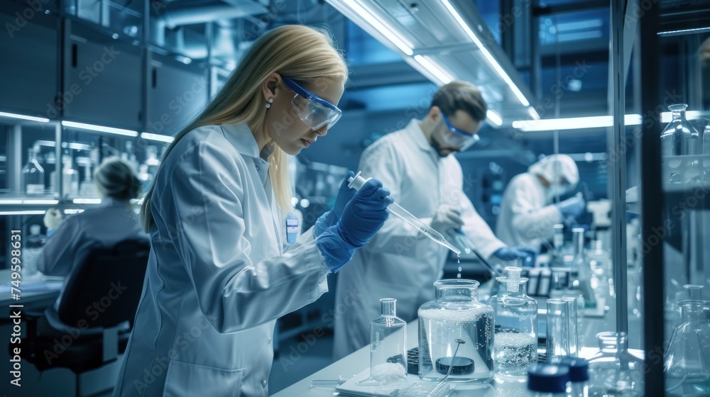 Poster two individuals wearing lab coats are conducting experiments and analyzing data in a laboratory sett