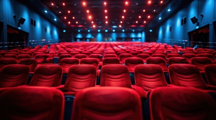 A modern sterile theater illuminated by blue lights, featuring empty red seats.
