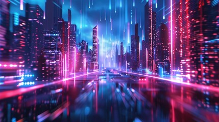 A cityscape lit up with neon lights and futuristic buildings, creating a vibrant and high-tech atmosphere.