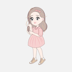 Korean anime style girl full length standing. Asian child character.