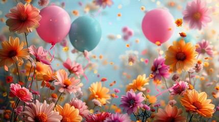 Colorful Flowers and Balloons in a Field