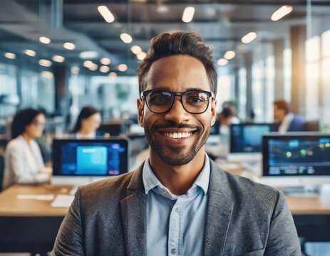 Male tech expert engrossed in a bustling workplace. Colleagues are collaborating in the background. Natural lighting and modern office decor.