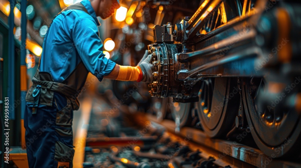 Poster a man focused on repairing a machine in a factory setting. he is wearing work attire and using tools