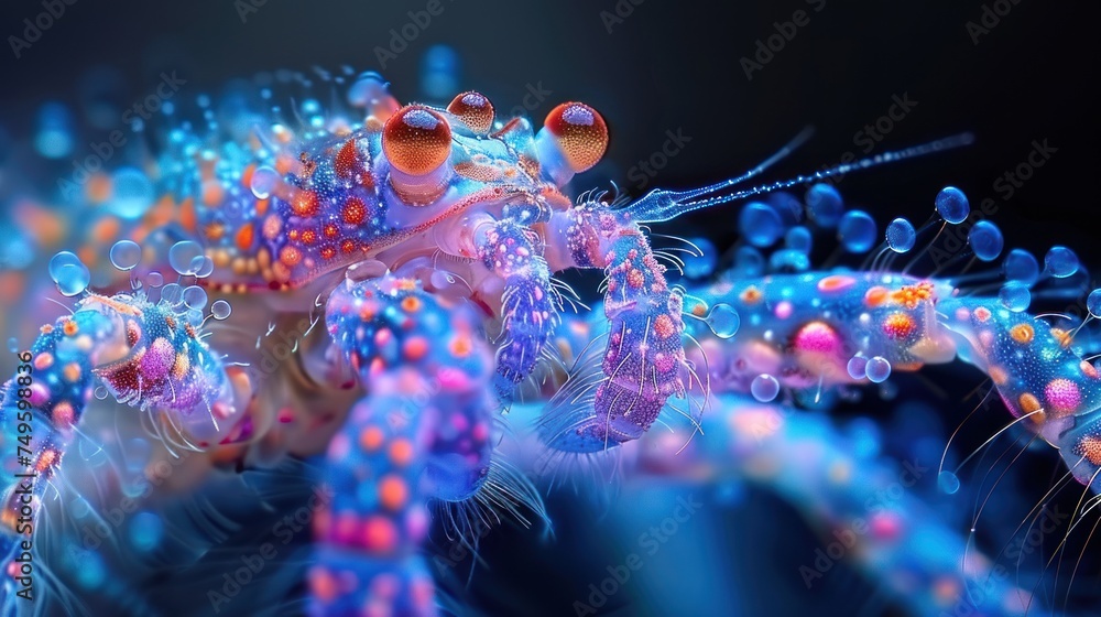 Poster under a soft microscope light, a bug is seen up close on a plant, showcasing intricate details of bo