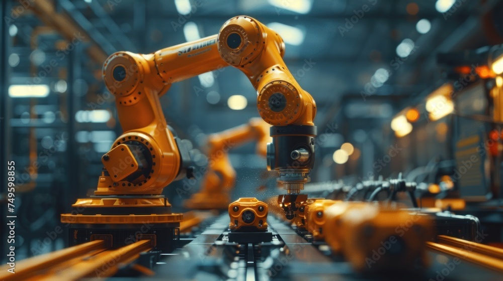 Poster modern factory with sleek robotic arms in motion along a conveyor belt for automated production.