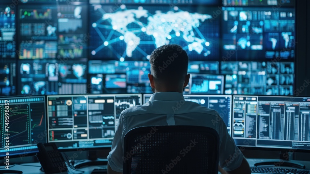 Poster a cyber security analyst is sitting at a desk, focused on monitoring multiple computer monitors disp