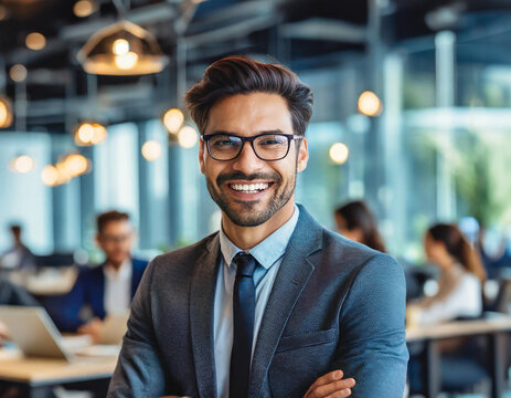 Male tech expert engrossed in a bustling workplace. Colleagues are collaborating in the background. Natural lighting and modern office decor.