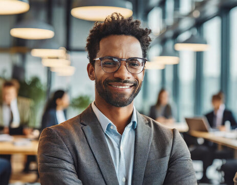 Male tech expert engrossed in a bustling workplace. Colleagues are collaborating in the background. Natural lighting and modern office decor.