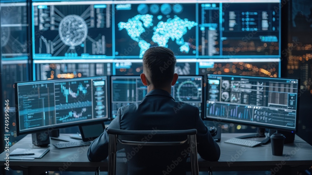 Poster a cybersecurity analyst sitting at a desk, focused on monitors displaying data and security alerts.