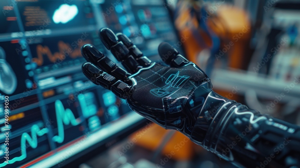 Poster a robotic hand is manipulating a computer screen, showcasing advanced technology and artificial inte