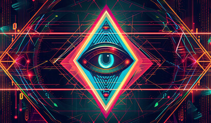 All-seeing eye. Eye pyramid masonic symbol in neon style. - obrazy, fototapety, plakaty