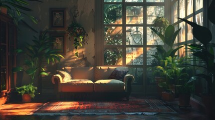 Obraz na płótnie Canvas Abundant green plants create a lively atmosphere in a cozy living room setting.