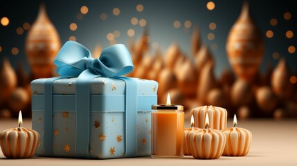 Blue Gift Box With Bow and Candles for Ramadan 2024