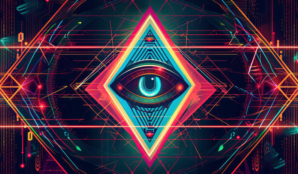All-seeing eye. Eye pyramid masonic symbol in neon style.