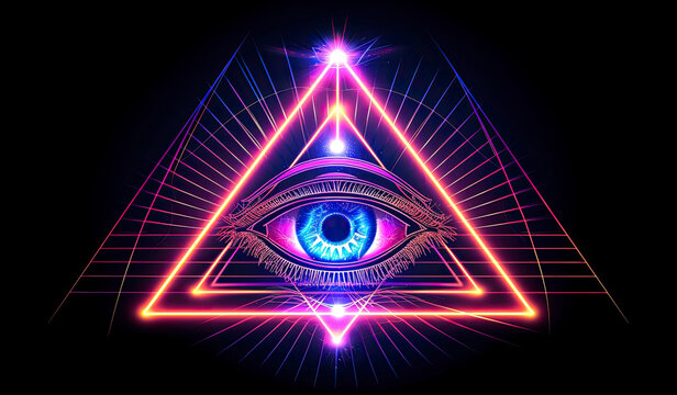 Neon All-Seeing Eye. Eye in triangle pyramid masonic symbol outline sign